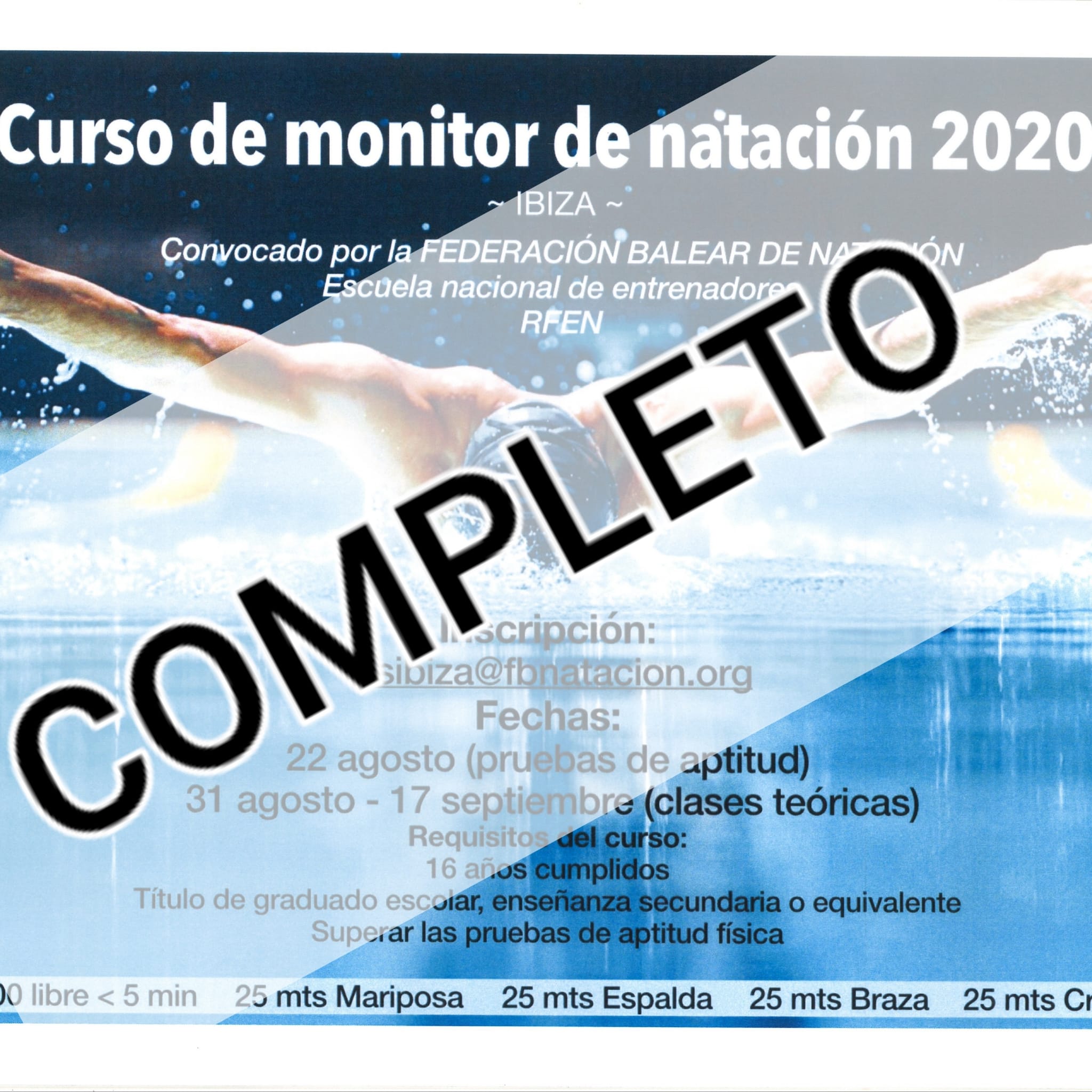 PLAZAS COMPLETAS - CURSO DE MONITOR DE NATACIÓN - EIVISSA